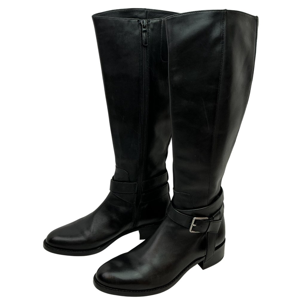 Cole Haan Leather Knee-High Buckle Riding Boots Womens 8b Side Zipper